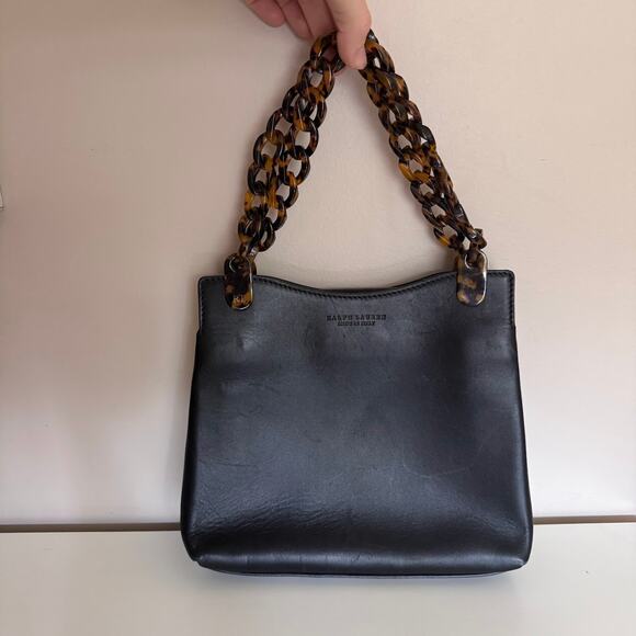 Ralph Lauren Black Leather Tortoise Chain Link Small Tote Bag Made in Italy - Picture 2 of 12